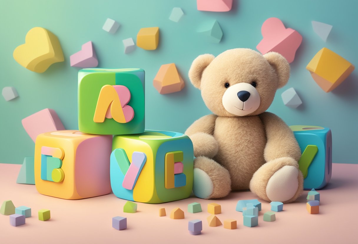 Colorful baby blocks spell out "Zoey" on a soft, pastel background. A playful teddy bear sits nearby