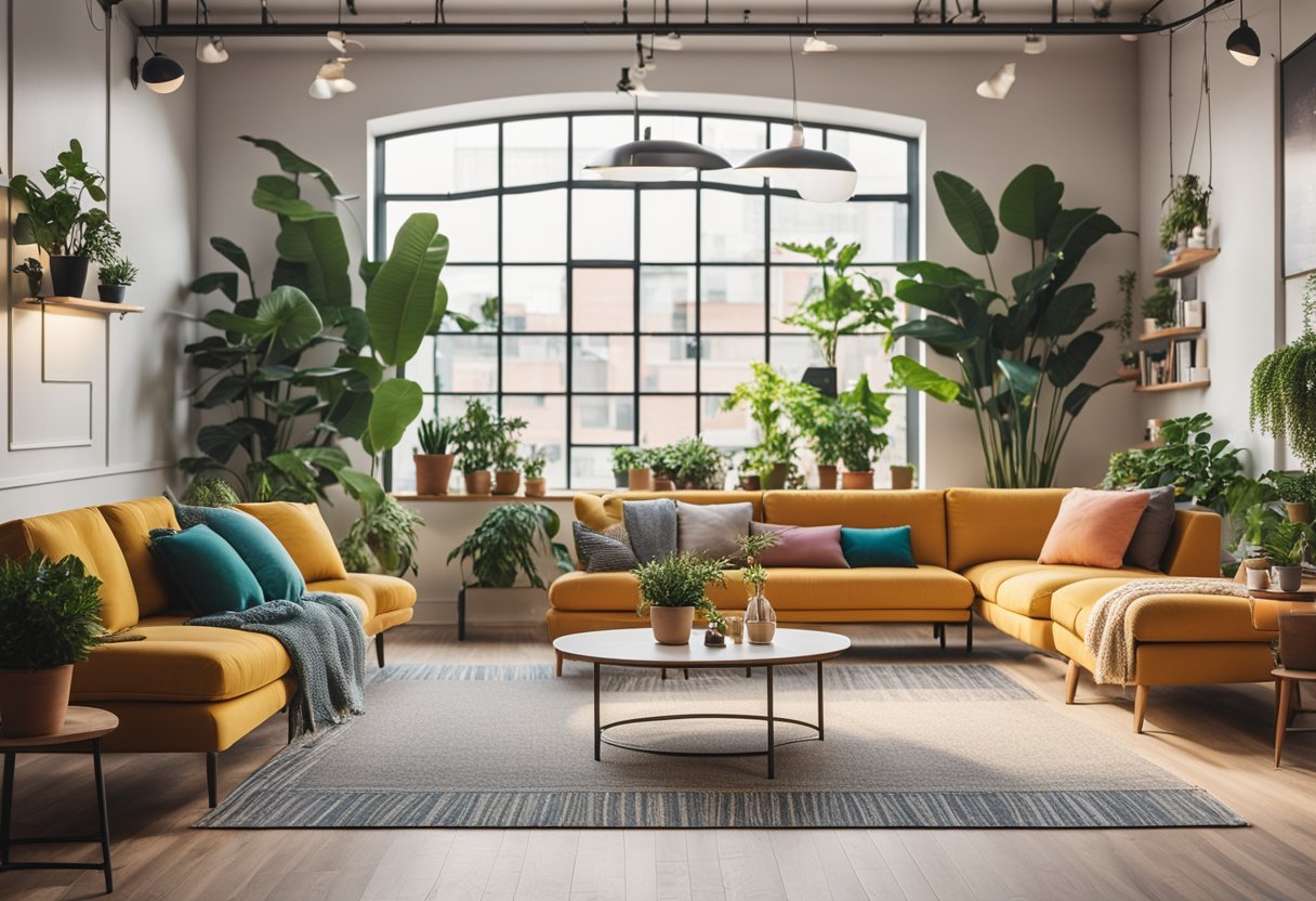 An open, bright workspace with colorful decor, plants, and motivational quotes on the walls. A cozy lounge area with comfortable seating and a vibrant, energetic atmosphere