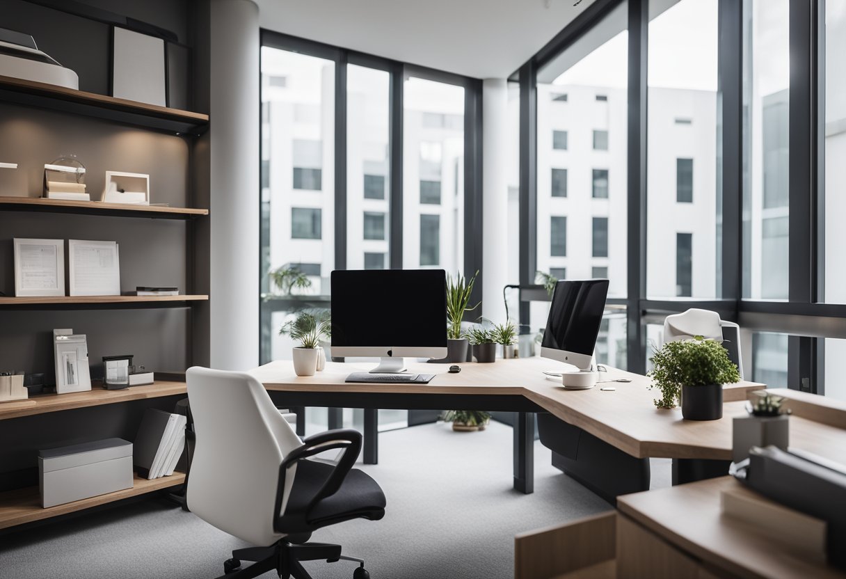 A modern office with sleek furniture, soft lighting, and a minimalist color scheme. A large desk with a computer and neatly organized shelves