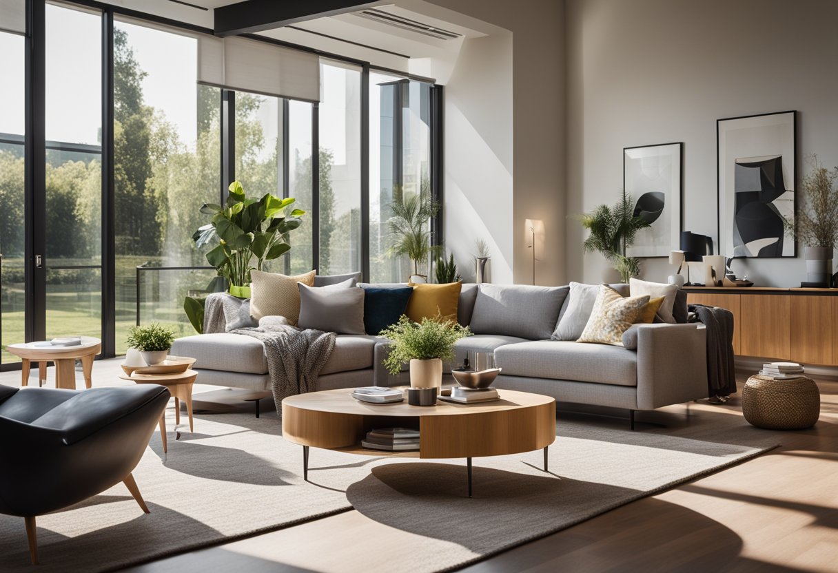 A spacious, modern living room with sleek furniture and vibrant decor. Sunlight streams in through large windows, casting a warm glow on the stylish furnishings