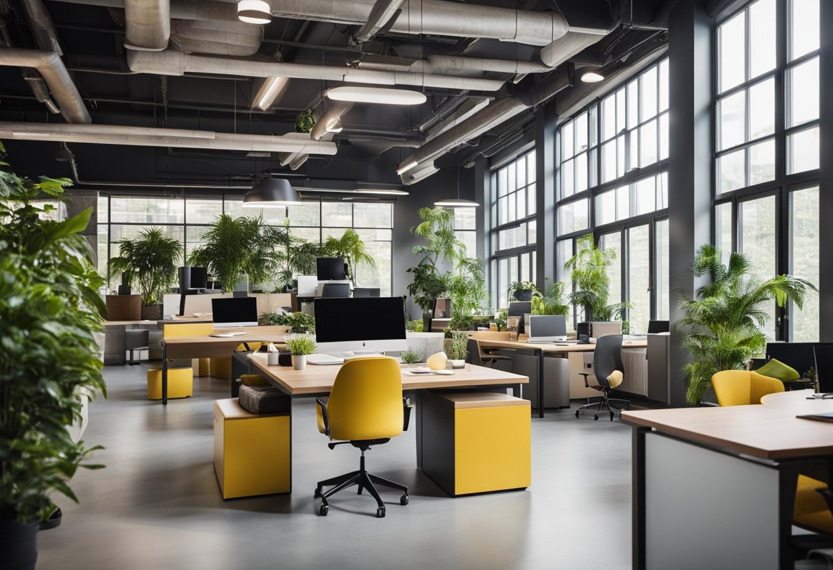 A modern open-plan office with bright colors, flexible furniture, and collaborative workspaces. Plants and natural light create a relaxed atmosphere