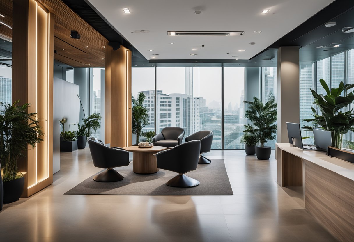 A modern office with sleek furniture, a reception desk, and a cozy lounge area. A sign reads "Frequently Asked Questions furniture leasing singapore"
