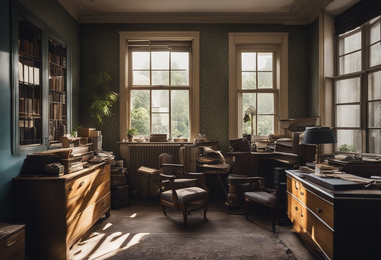 A cluttered room with outdated furniture and peeling wallpaper. Light streams in through the windows, highlighting the potential for a budget-friendly renovation