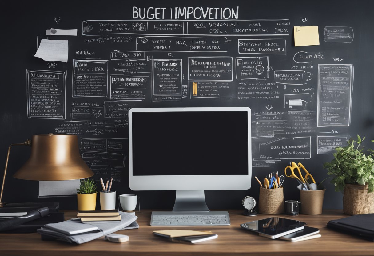 A room with a chalkboard wall filled with budget renovation ideas. A stack of home improvement magazines and a laptop open to a FAQ page