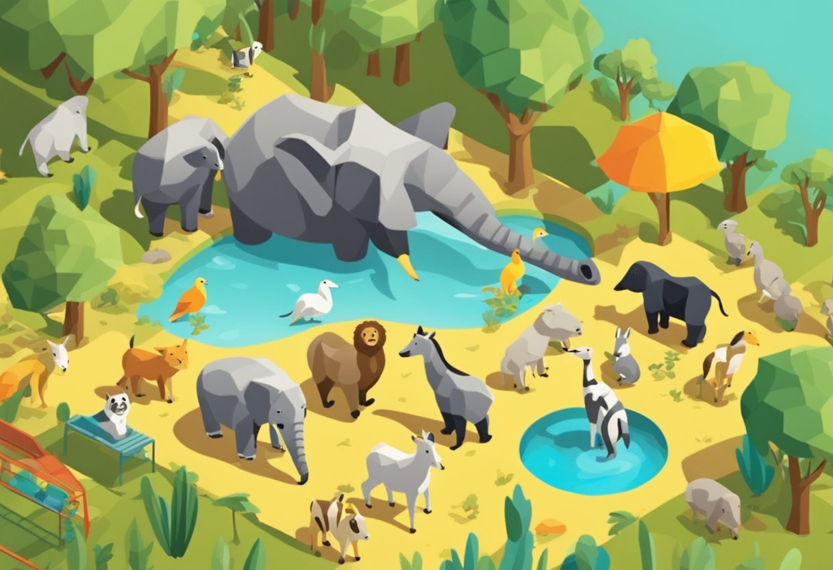 A joyful zoo scene with playful animals and vibrant colors