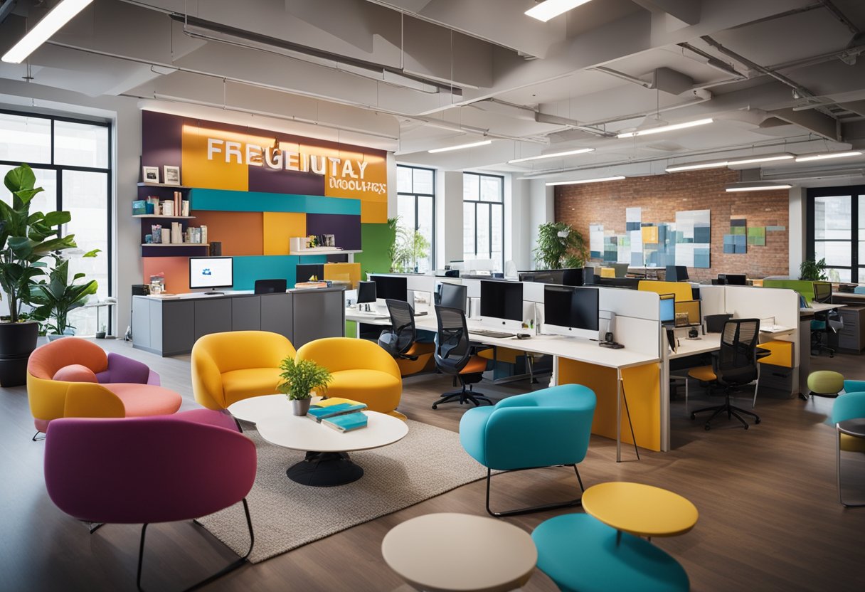 A colorful, open office space with playful decor and vibrant furniture. A large "Frequently Asked Questions" sign hangs on the wall, surrounded by happy employees collaborating and brainstorming