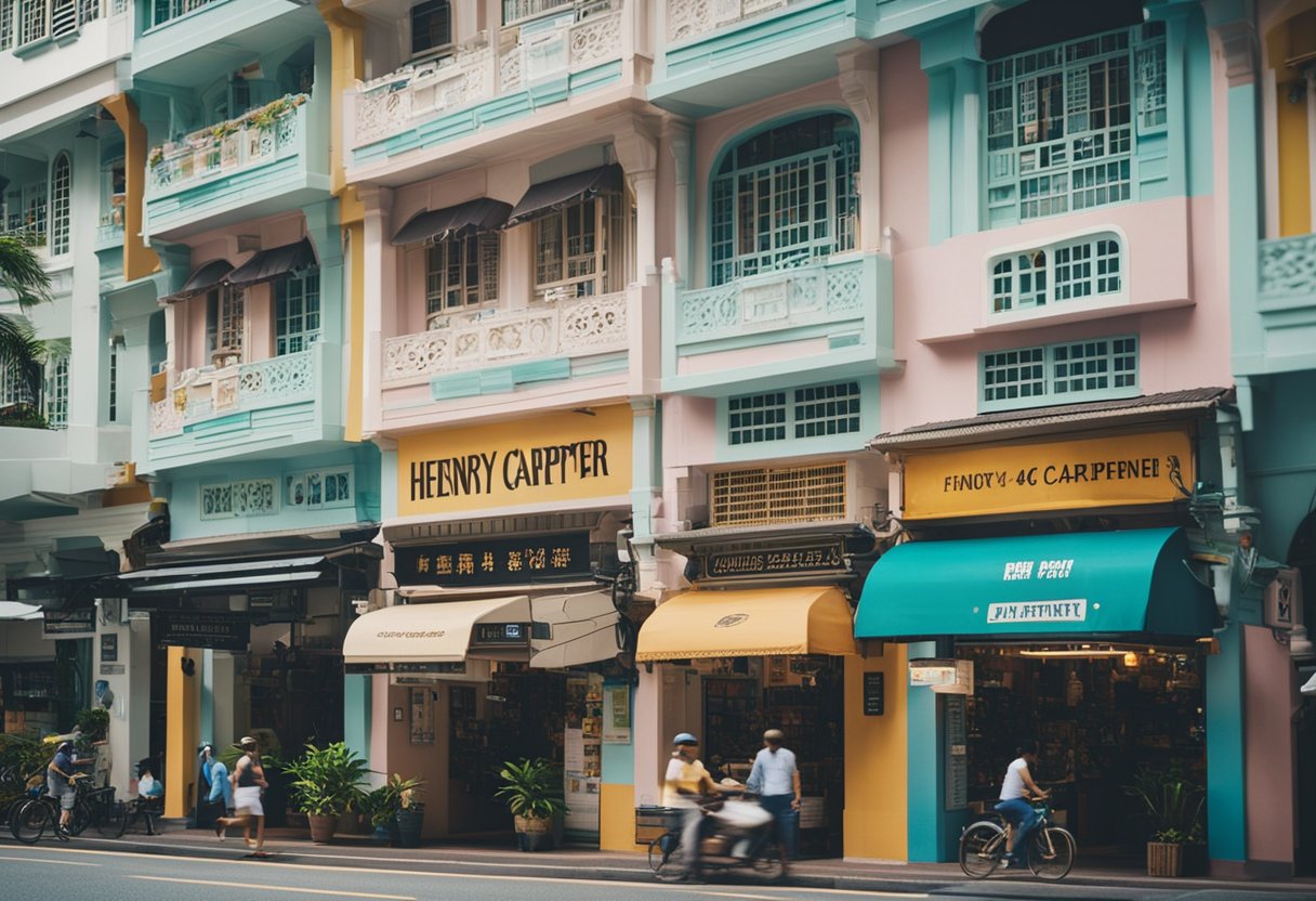 A bustling Singapore street with colorful buildings and a prominent sign reading "Henry Carpenter."