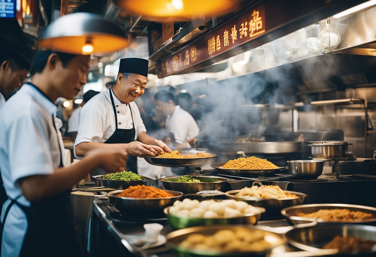 Henri Charpentier's culinary journey in Singapore: bustling hawker center, sizzling woks, vibrant spices, and steaming dumplings