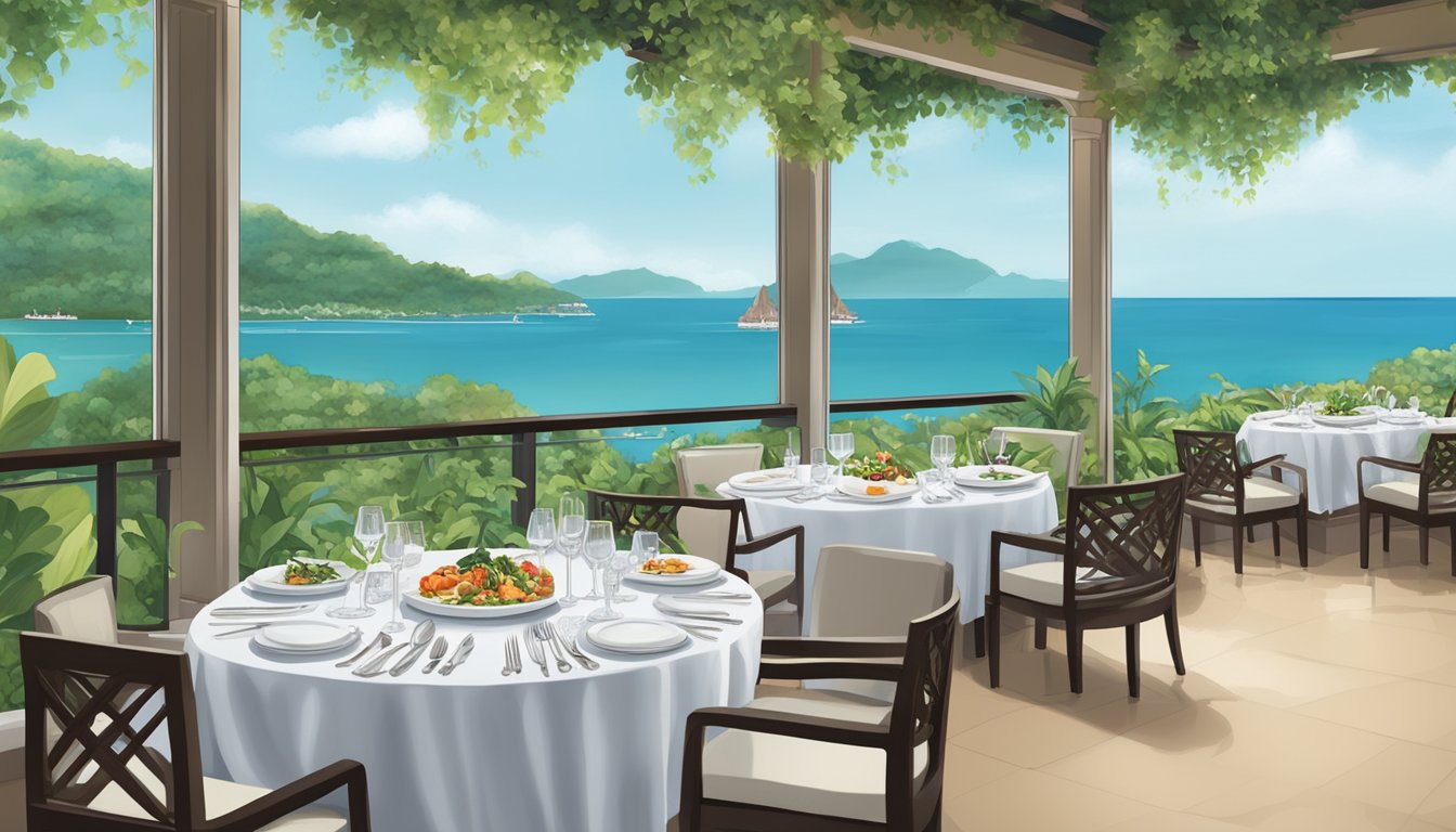 A table set with gourmet dishes and elegant cutlery at The Cliff Sofitel Sentosa restaurant. The backdrop of lush greenery and a stunning ocean view completes the picturesque scene