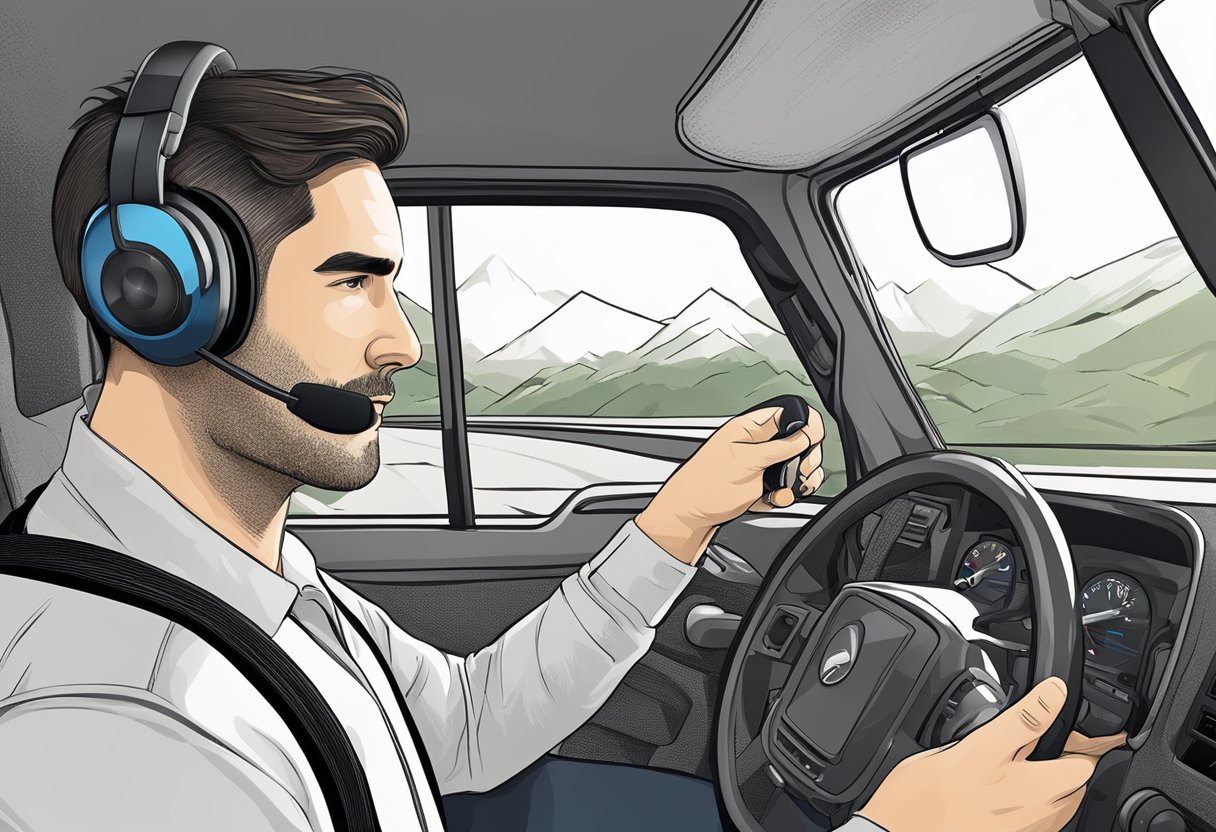 A trucker wearing a Bluetooth headset while driving, with clear sound quality and noise-cancellation features