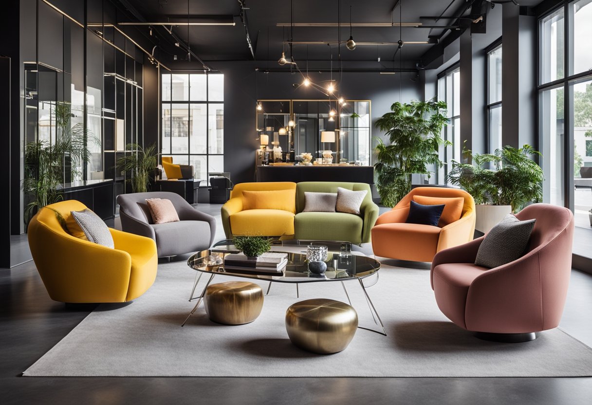 A bright, modern showroom with sleek, colorful furniture displays. Clean lines and innovative designs create a chic, inviting atmosphere
