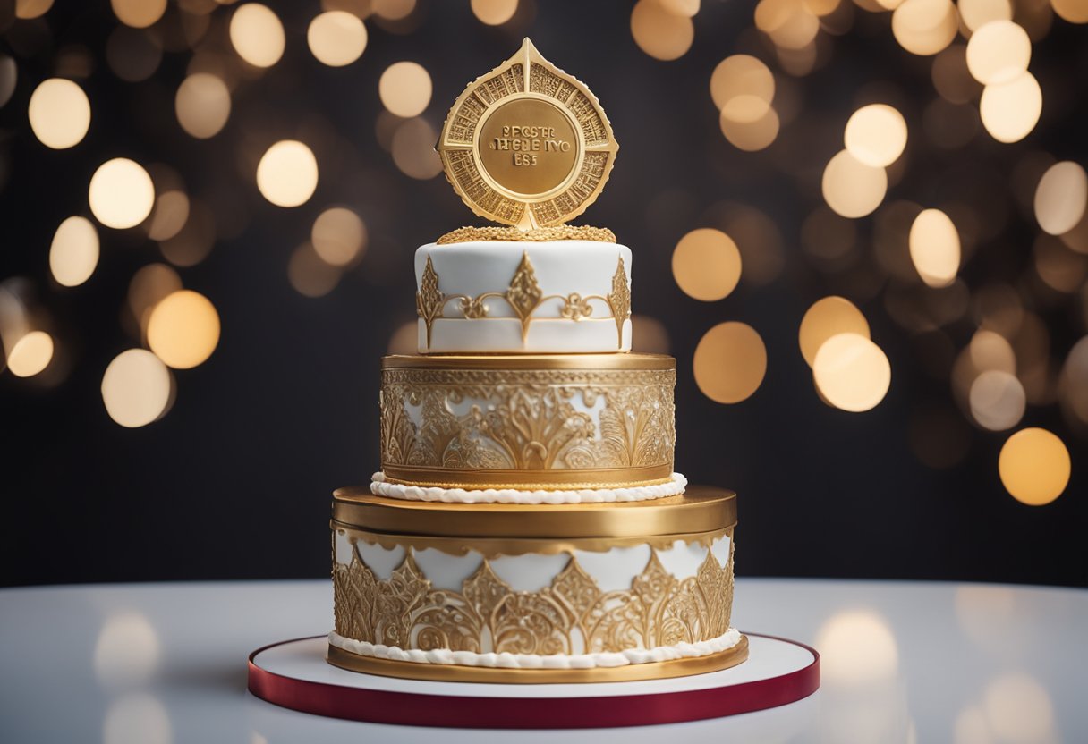 A towering cake adorned with intricate designs and a plaque displaying record-breaking achievements