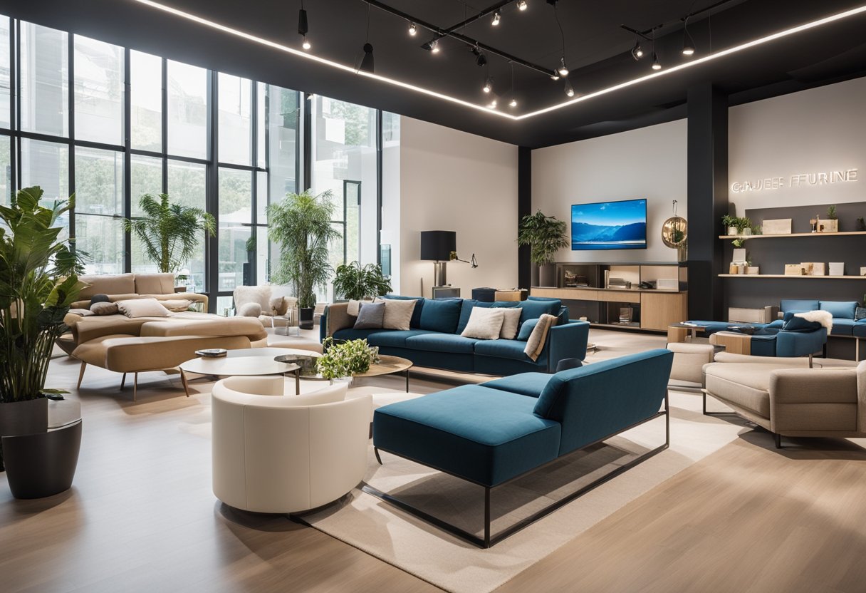 A spacious, modern furniture showroom with sleek displays of Gautier furniture in various styles and colors, surrounded by natural light and minimalist decor
