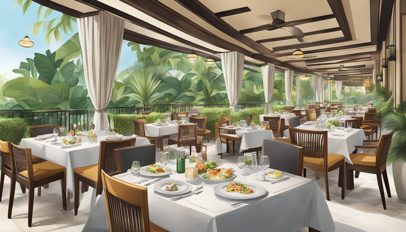 A bustling array of international cuisines at Sofitel Sentosa, with elegant dining settings and lush outdoor terraces