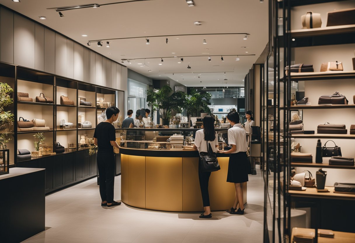 A bustling furniture store in Singapore, with modern and traditional pieces on display, customers browsing, and staff assisting