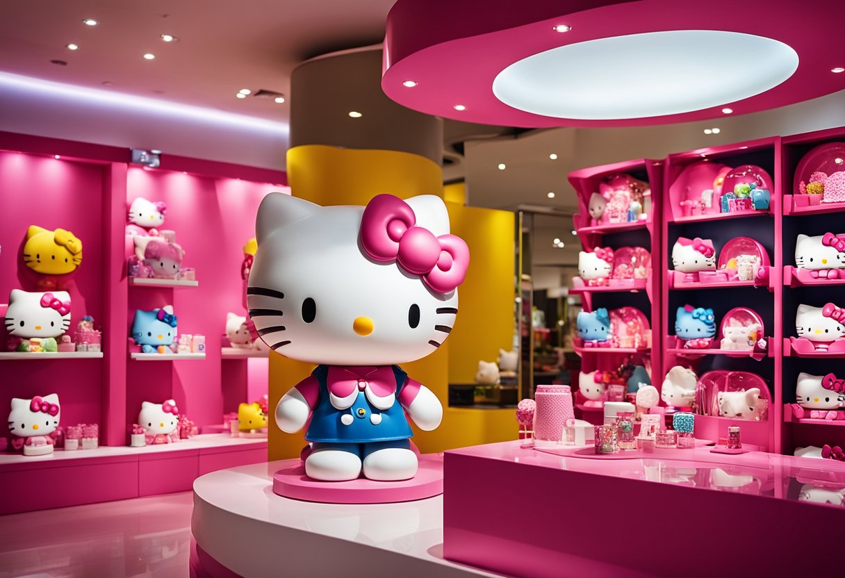 A child explores Hello Kitty furniture in a colorful Singapore showroom. The iconic character adorns beds, chairs, and decor, creating a whimsical and playful atmosphere