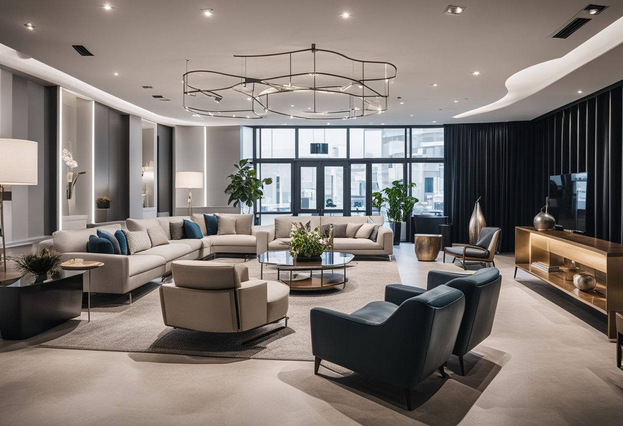 A showroom filled with sleek, modern furniture. Clean lines, elegant designs, and a variety of materials create an inviting and sophisticated atmosphere