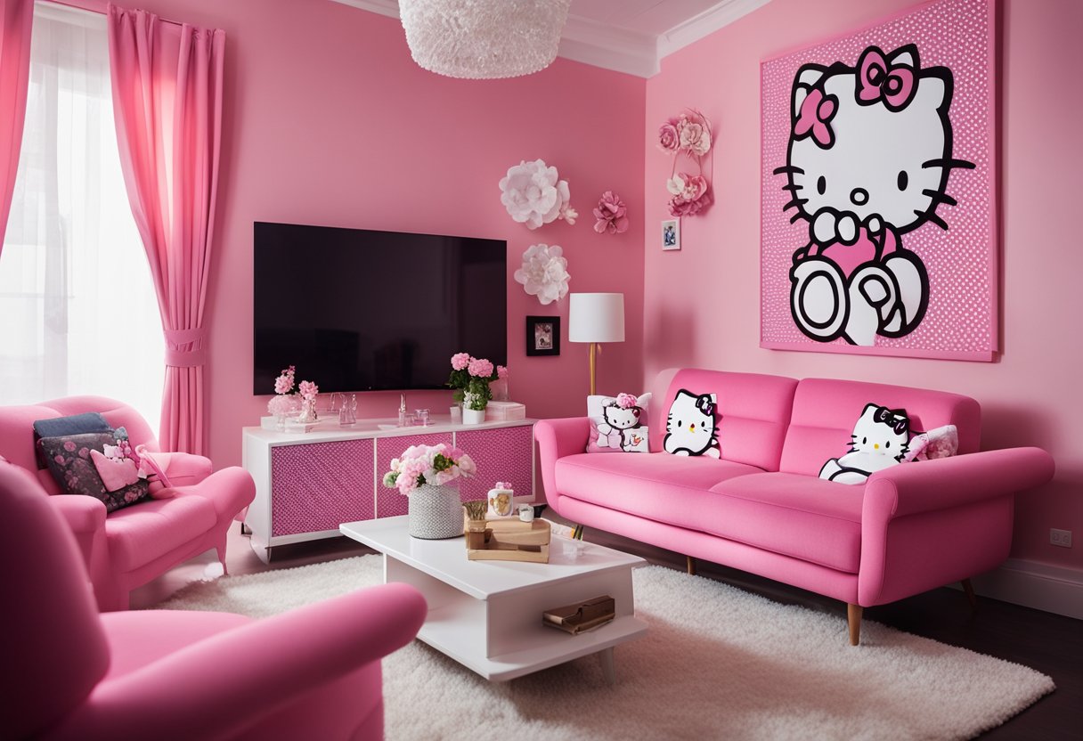 A cozy living room with Hello Kitty-themed furniture and decor, including a pink sofa, Hello Kitty coffee table, and wall art with the iconic character