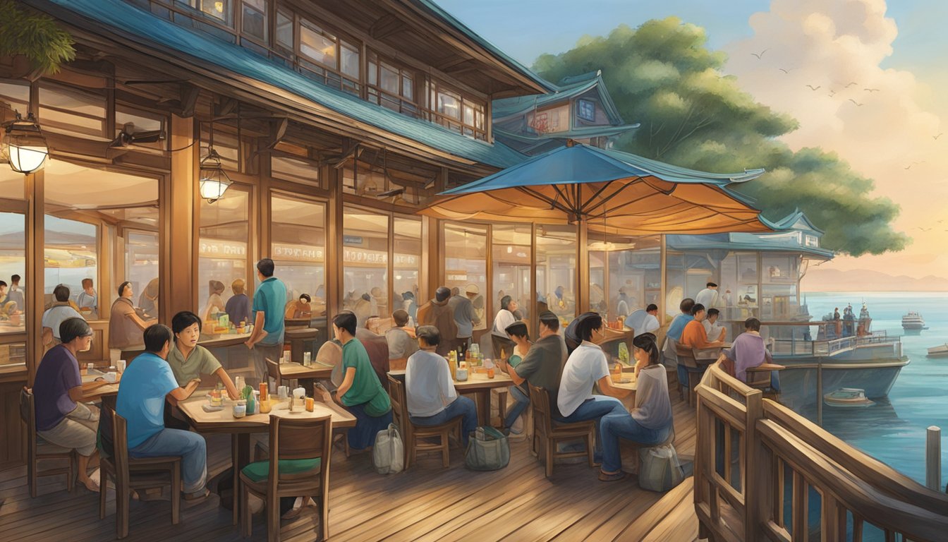 The Tian Tian Fisherman's Pier Seafood Restaurant bustles with customers enjoying fresh catches and ocean views