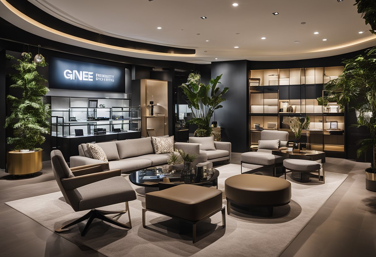A modern furniture showroom with sleek designs showcased. A sign reads "Frequently Asked Questions" above a display of Gnee Hong furniture in Singapore