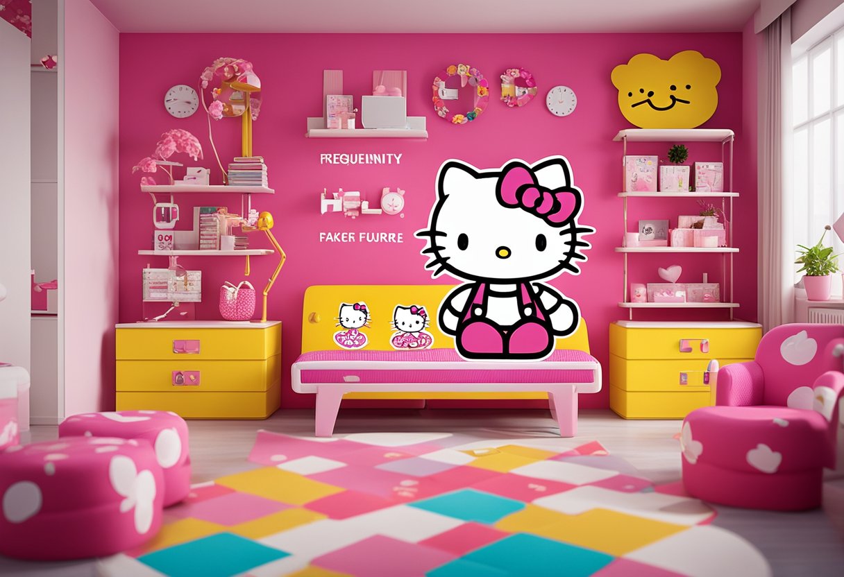 A room with hello kitty-themed furniture, bright colors, and cute patterns. A sign with "Frequently Asked Questions" in a playful font