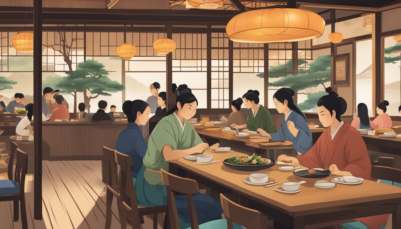 A bustling Japanese restaurant with customers enjoying their meals and staff busy serving. Traditional decor and a warm, inviting atmosphere