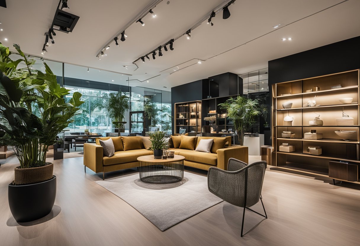 A modern and stylish furniture showroom in Singapore, featuring sleek designs and high-quality materials. Displays include sofas, tables, and chairs in various styles