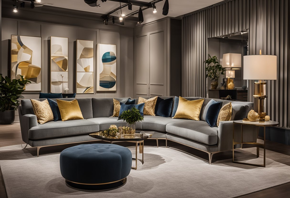 A showroom filled with modern and luxurious furniture pieces, arranged in stylish room settings, inviting customers to explore Henry Furniture's offerings