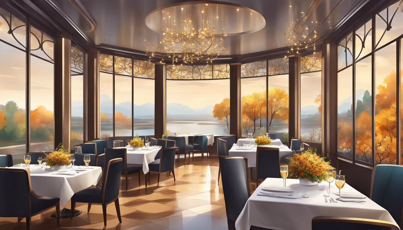 A luxurious restaurant with elegant decor and a view of changing seasons outside