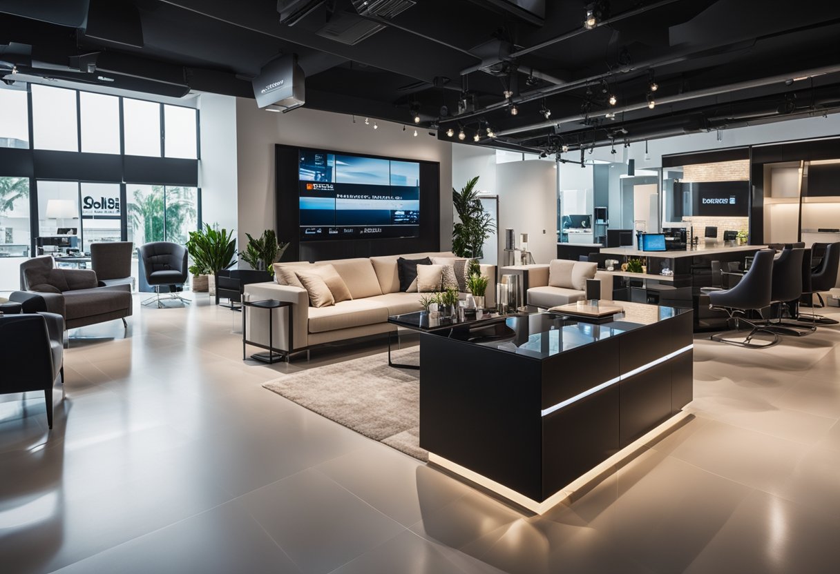 A modern showroom displays sleek furniture with Rental Solutions and Services logo in Singapore