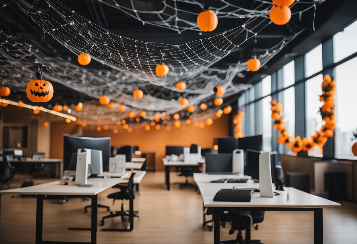 Office decorated with spider webs, pumpkins, and bats. Orange and black streamers hang from the ceiling. Jack-o-lanterns and spooky lights add to the festive atmosphere