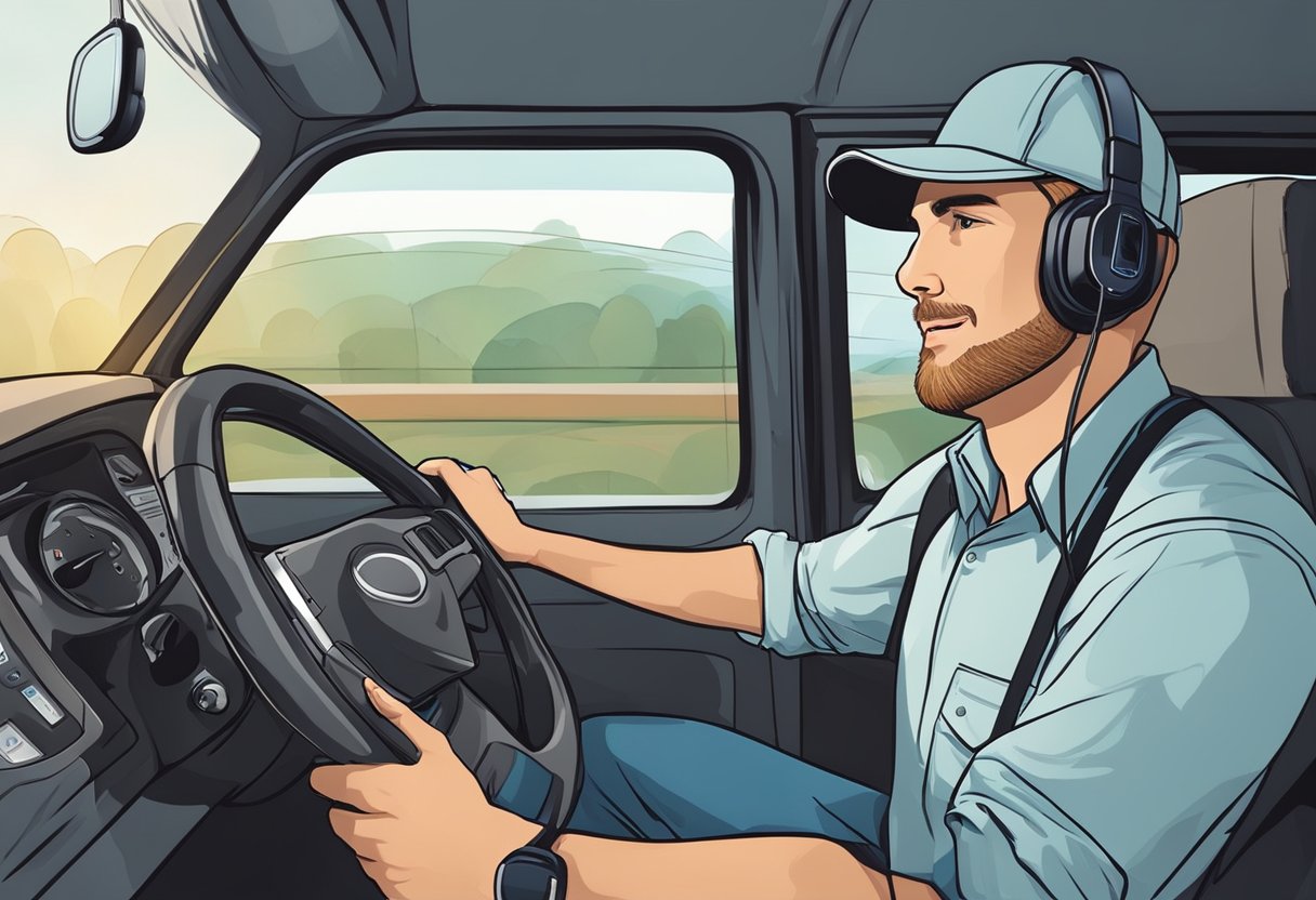A trucker wearing a Bluetooth headset, speaking into the microphone while driving. The headset is securely fastened and the trucker's hands are on the wheel