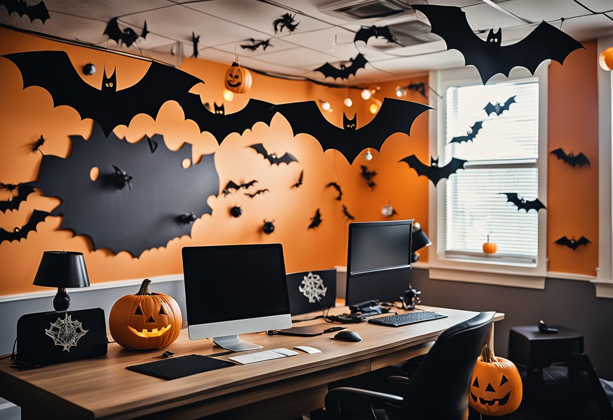 Office desk adorned with spooky decorations, cobwebs, and jack-o-lanterns. Orange and black streamers hang from the ceiling, while ghost and bat cutouts cover the walls