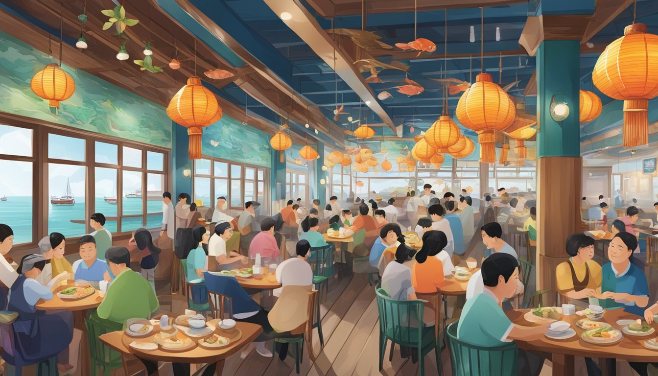 A bustling seafood restaurant at Tian Tian Fisherman's Pier, with colorful dishes and a lively atmosphere