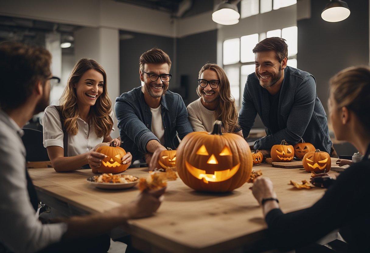 A group of colleagues gather around a table, carving pumpkins and decorating the office with spooky decorations. Laughter and chatter fill the room as they bond over Halloween-themed activities