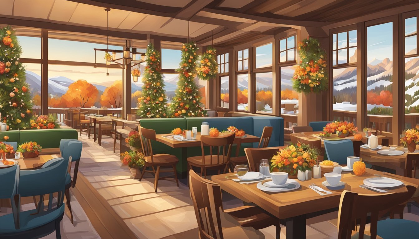 A bustling restaurant with four distinct sections, each representing a different season. Winter features cozy fireplace and snow-covered scenery, while spring showcases blooming flowers and greenery. Summer boasts outdoor dining and vibrant colors, while autumn offers warm earth tones and falling leaves