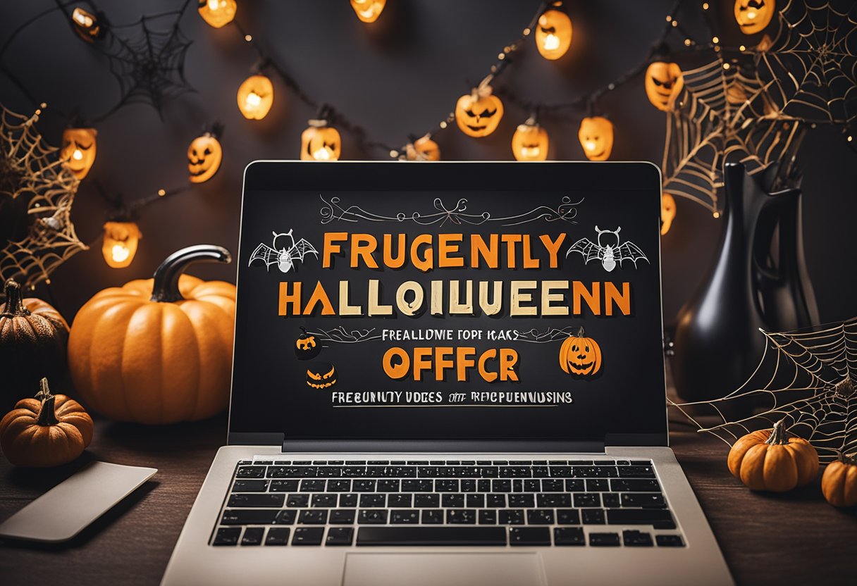 An office desk with Halloween decorations, pumpkins, and spider webs. A sign with "Frequently Asked Questions Halloween Design for Office" displayed prominently