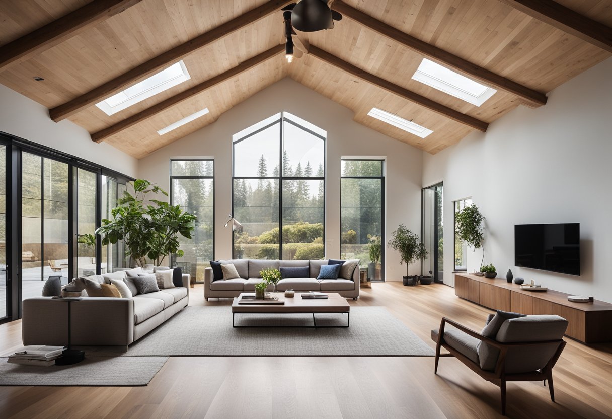 A spacious, modern living room with a high ceiling, featuring exposed beams and skylights, with a sleek and minimalist design
