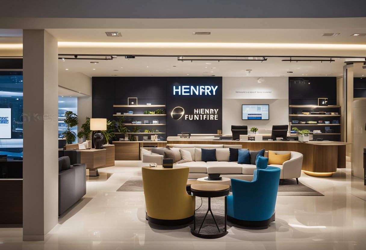 A brightly lit showroom with modern furniture displays and a customer service desk. A sign reads "Frequently Asked Questions - Henry Furniture Singapore."