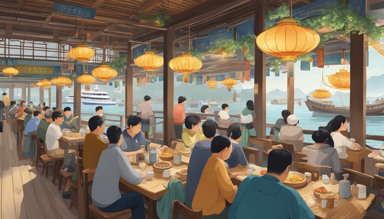 A bustling seafood restaurant at Tian Tian Fisherman's Pier, with visitors seeking information and enjoying the lively atmosphere