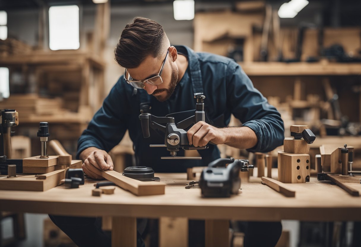 A carpenter working on a wooden furniture piece, surrounded by various tools and measuring equipment in a workshop