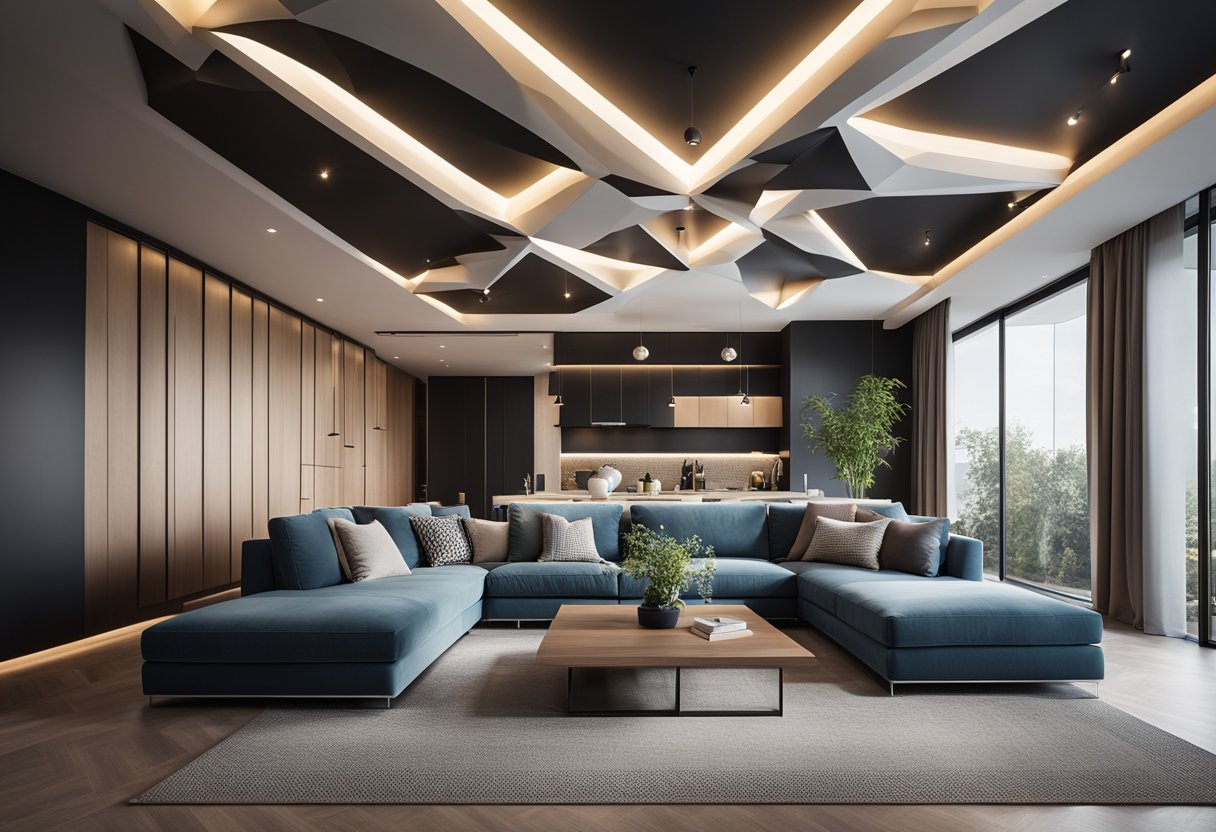 A modern, open-concept living room with a unique ceiling design featuring geometric patterns and integrated lighting