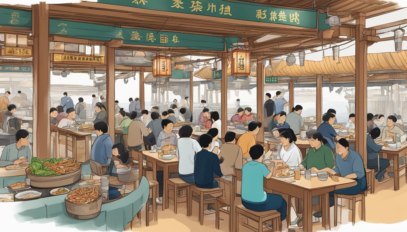 A bustling seafood restaurant at Tian Tian Fisherman's Pier, with diners enjoying their meals and staff busy serving customers