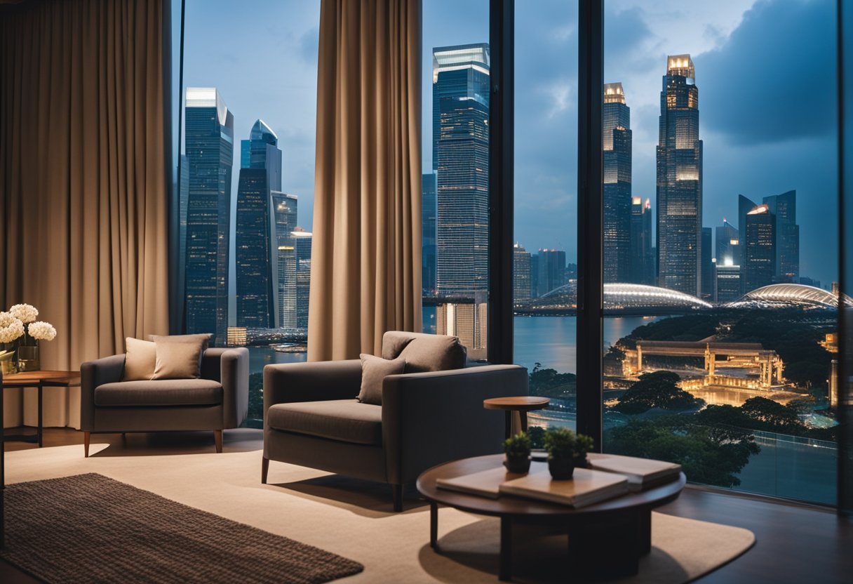 A cozy living room with modern furniture, warm lighting, and a view of the Singapore skyline through large windows