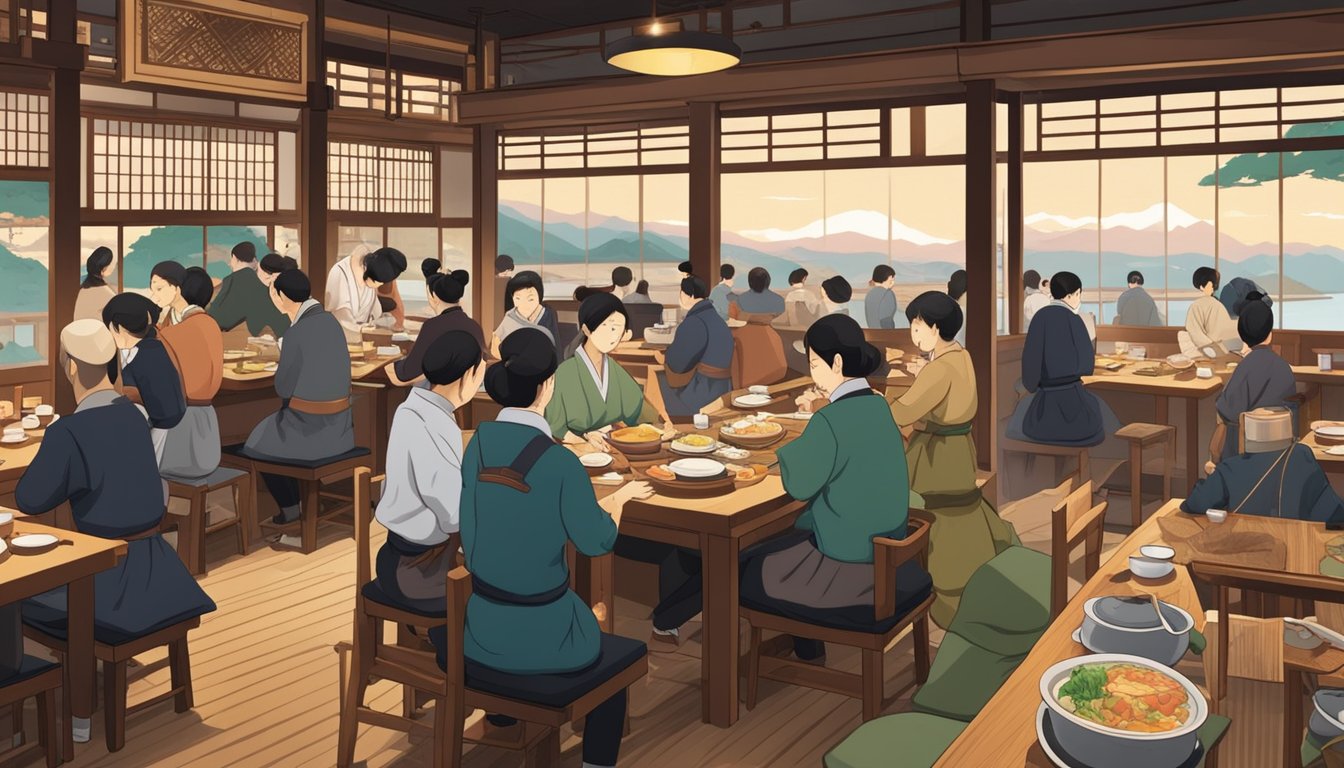 A bustling syokudo and teishoku restaurant with steaming dishes and busy waitstaff. Customers enjoy traditional Japanese cuisine at wooden tables