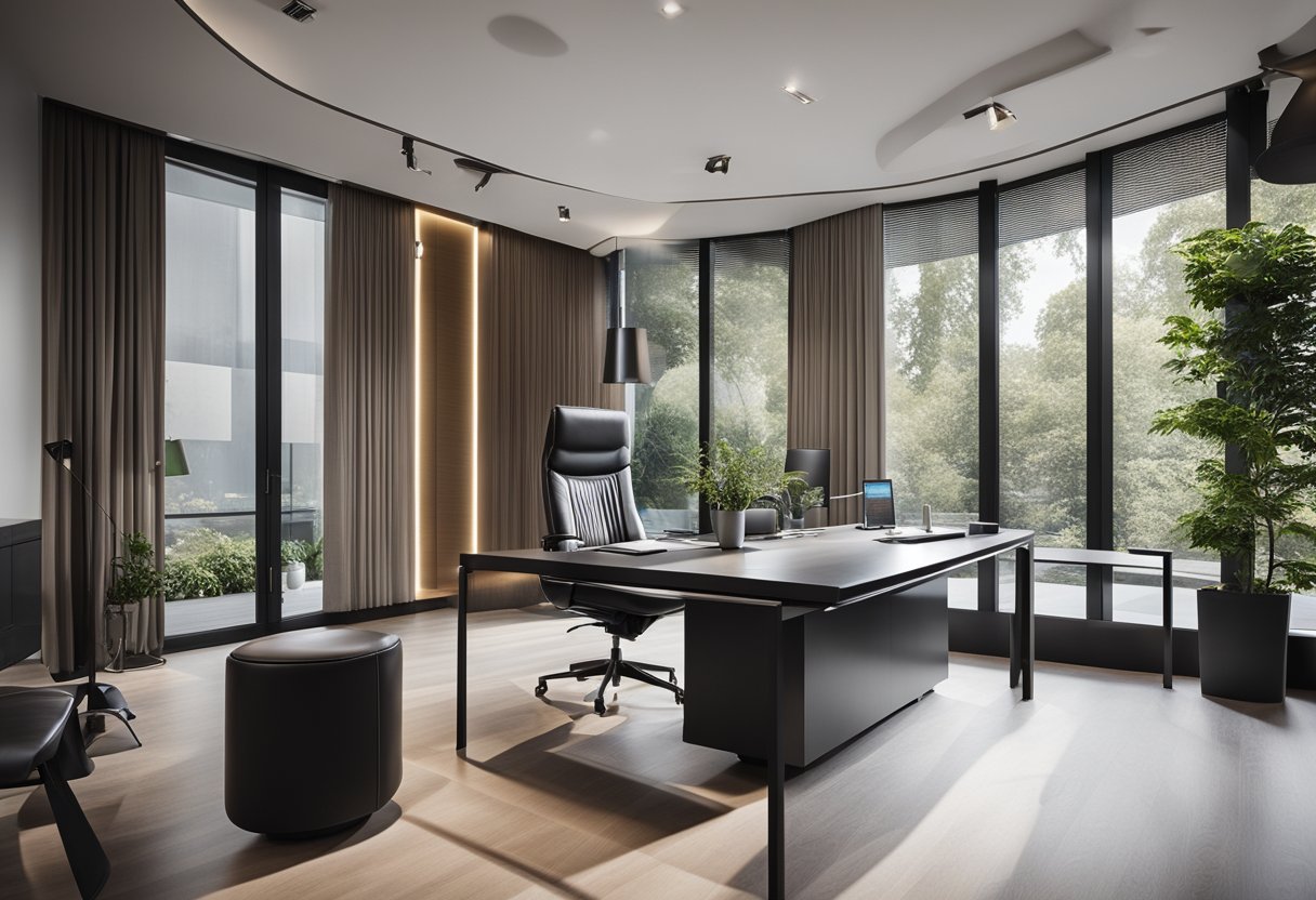 A modern house office with sleek furniture, large windows, and a minimalist color scheme