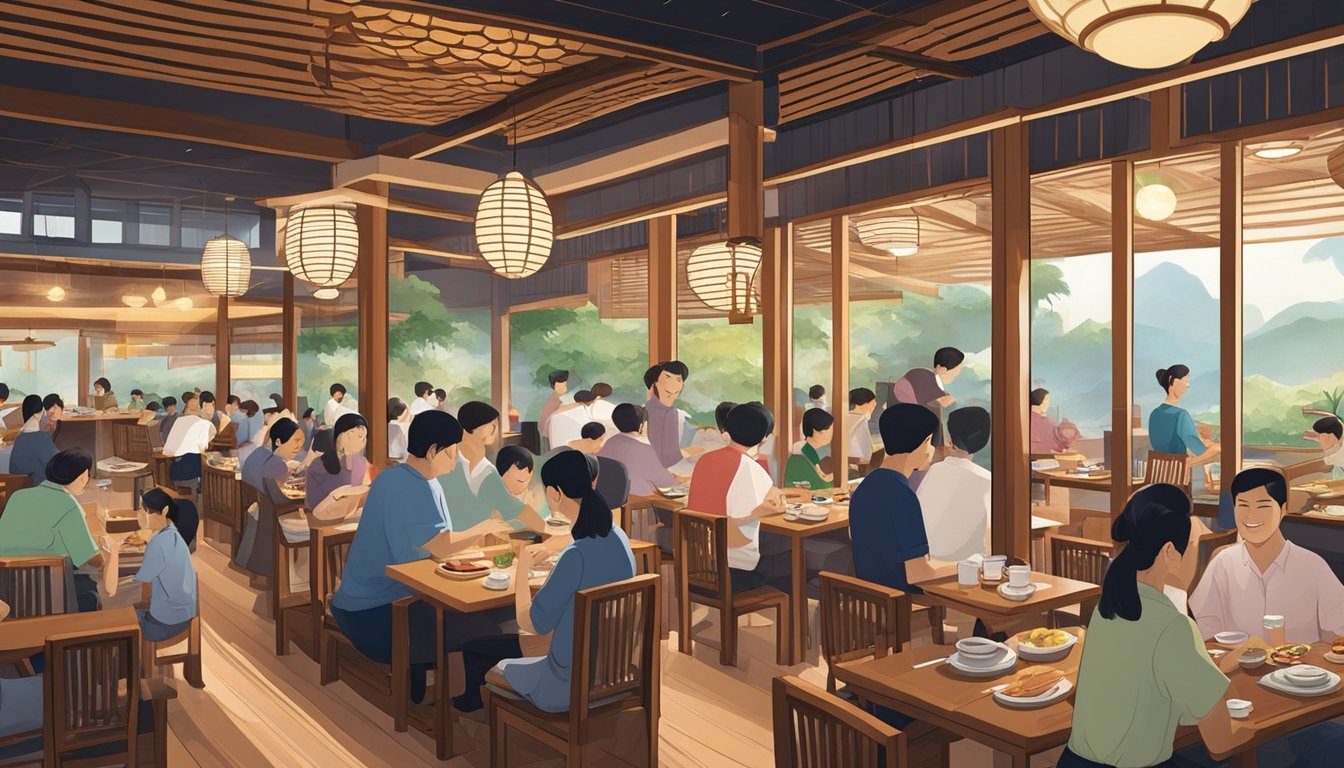 A bustling Unagi restaurant in Singapore, with traditional wooden decor and a sizzling grill at the center of the room. Customers enjoy the aroma of grilled eel as it wafts through the air