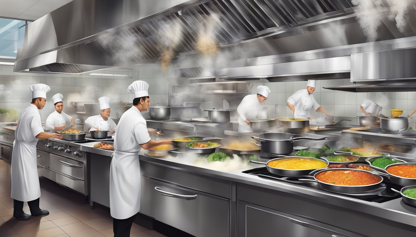 A bustling restaurant kitchen with chefs preparing colorful dishes and steam rising from pots and pans