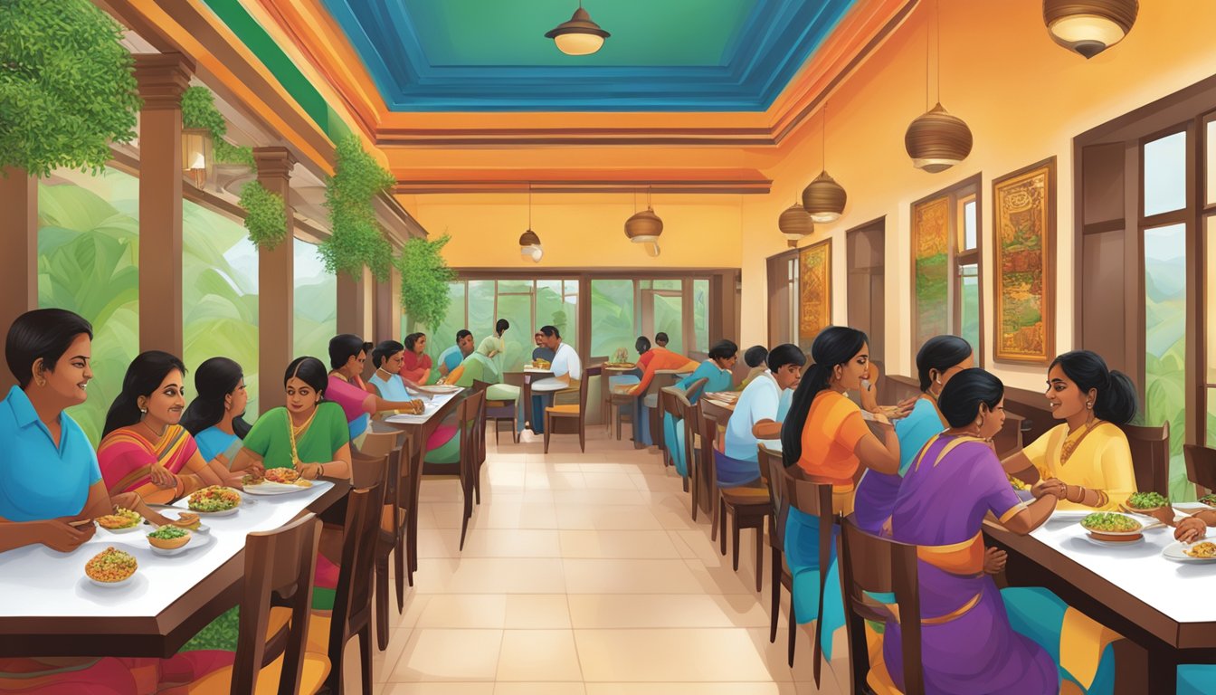 The bustling Thambi restaurant, filled with vibrant colors and savory aromas, as patrons enjoy authentic South Indian cuisine