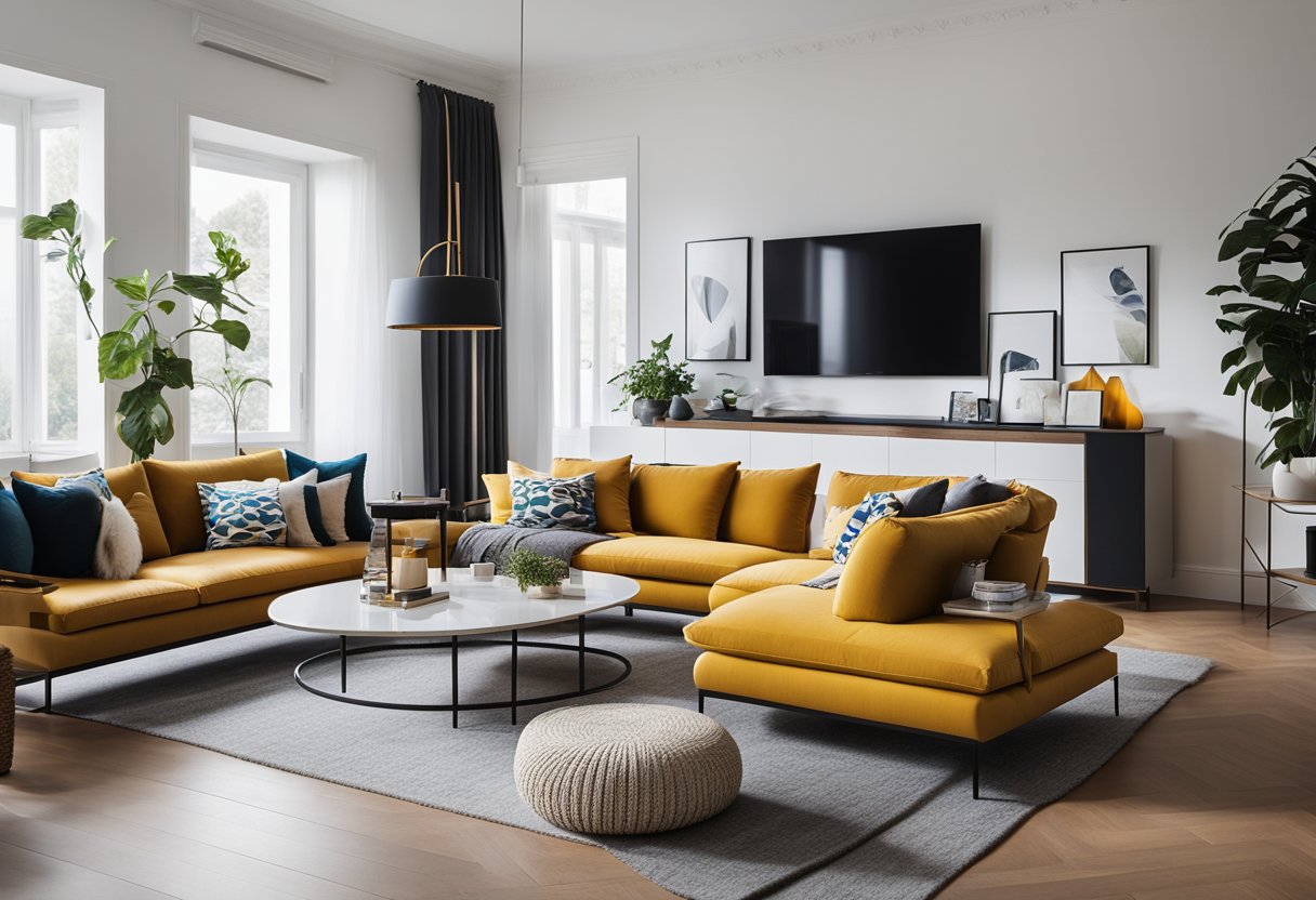 A modern living room with sleek, minimalist furniture and bold pops of color. Clean lines and geometric shapes create a contemporary and stylish atmosphere
